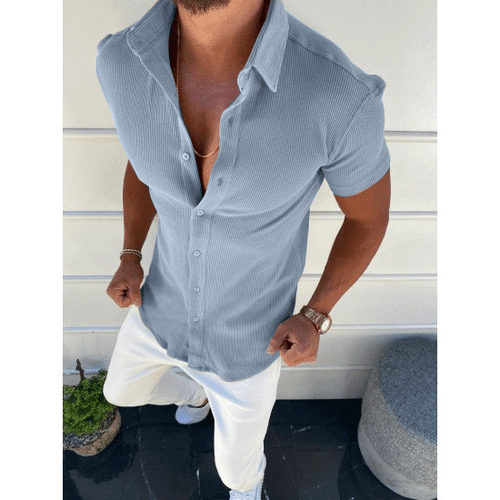 Summer Men's Large Size Loose Casual Solid Color Button Lapel Short Sleeve Shirt - Bild 9 von 9