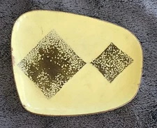Vintage Mid Century Modern Enameled Ashtray Yellow Black Design Over Copper