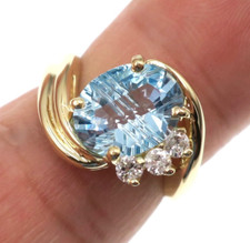 14k Solid Yellow Gold 3ct Natural Fantasy Cut Blue Topaz Diamond Ring Size 5