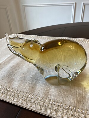 Rhino Glass Sculpture Amber / Clear 7 Inch