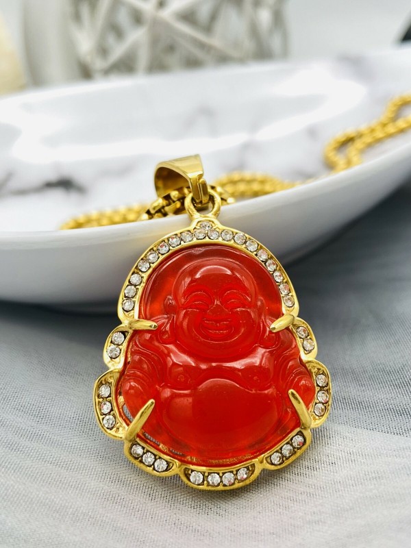 Jade Buddha Pendant Necklace 18k Gold Plated Crystal Charm Hip Hop Chain - Product main view