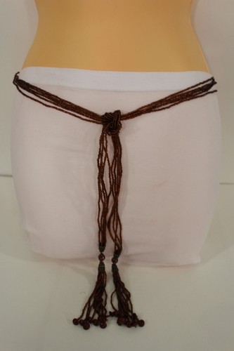 New Women Gold Belt Brown Beads Waist Tie Metal Plates Vintage Japan S M L - Picture 9 of 11