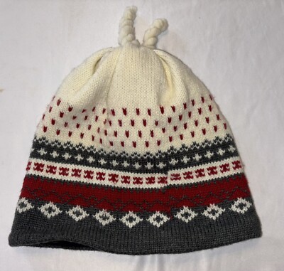 Nordic Fair Isle Wool Blend Winter Hat Adult One Size Gray White Knit  Tassel
