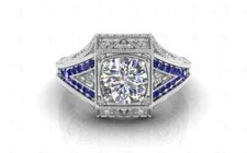 2.05 Ct Round CZ  Blue Sapphire Engagement Art deco Estate Ring in 925 Silver
