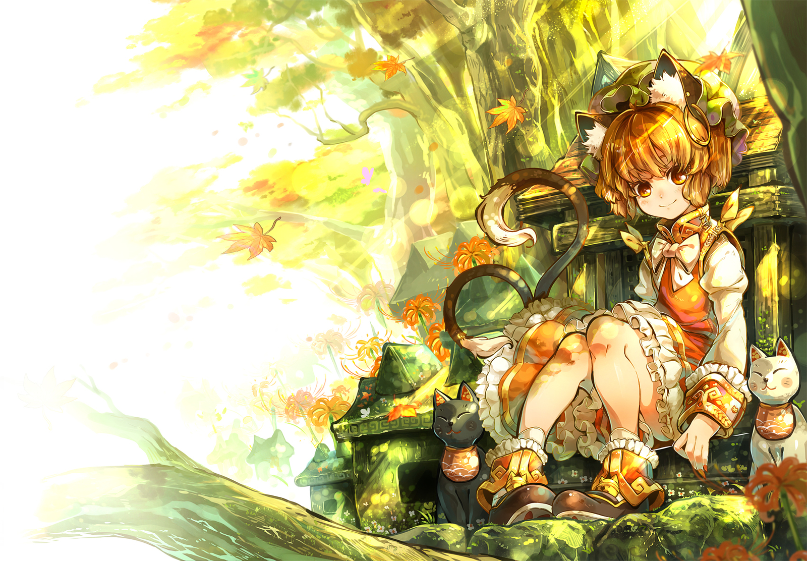 Anime Touhou Custom Playmat with Animal Ears Autumn Boots Bow Brown Hair Design  