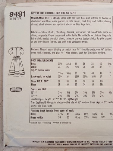 SIMPLICITY 9491 VTG 80s Blouson Dress Sew Pattern UNCUT Miss 8 10 12 14 16 18 - Picture 6 of 8