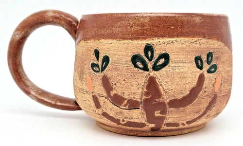 Vtg MCM Stoneware Pottery Mug Cactus Flower Rustic Southwestern Desert Signed