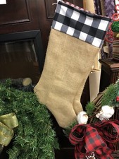 Handmade Burlap W/Buffalo White  Black Check Farmhouse Christmas Stocking
