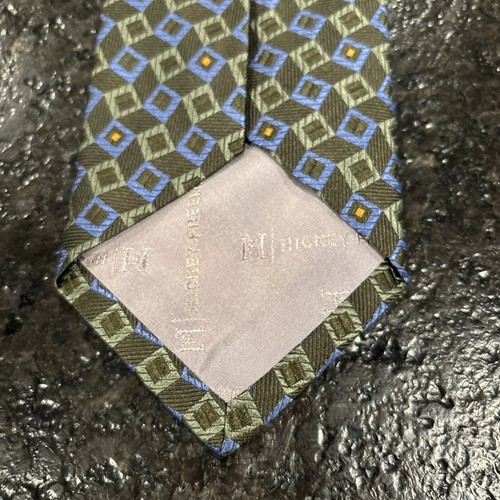Hickey Freeman Silk Tie Men’s Olive Green With Blue Square Geometric - Picture 5 of 9