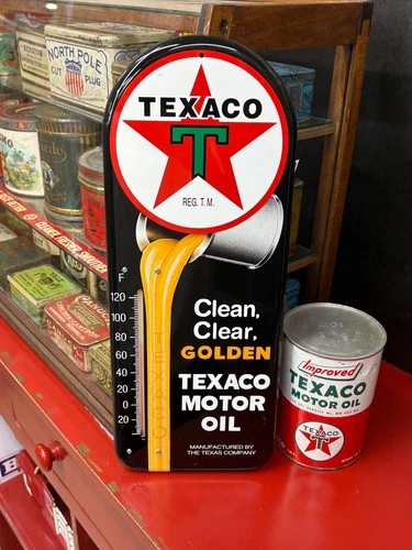 VINTAGE "TEXACO MOTOR OIL" METAL ADVERTISING THERMOMETER (16"x 6.5") NEAR MINT
