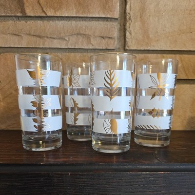 4- VTG MCM Libbey Gold Leaf and White Stripped Tumblers Tall Frosted Glasses