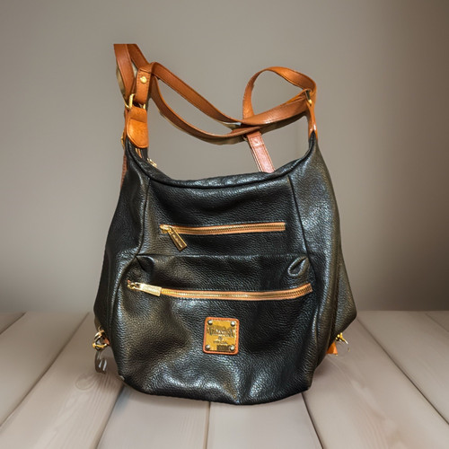 Valentina Pebbled Black/Brown Shoulder Bag Gold Hardware Zip Detachable Strap