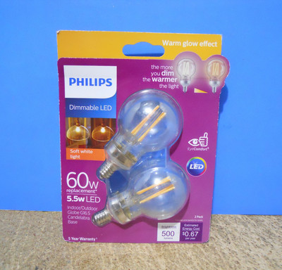 Philips 60W (5.5W) Dimmable LED Globe G16.5 Candelabra Base Soft White 2 Pack