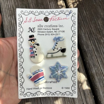 Vtg 1988 Christmas Buttons Albe Creations Ceramic Handcrafted Painted Snowman