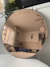 Vintage 1930s Art Deco Wall Mirror Large Round Rose Smoked Glass Etched 57cm