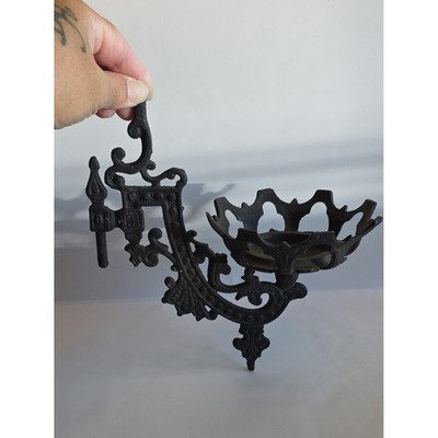 Vintage Cast Iron Oil Lamp Holder featuring an ornate swing-arm bracket