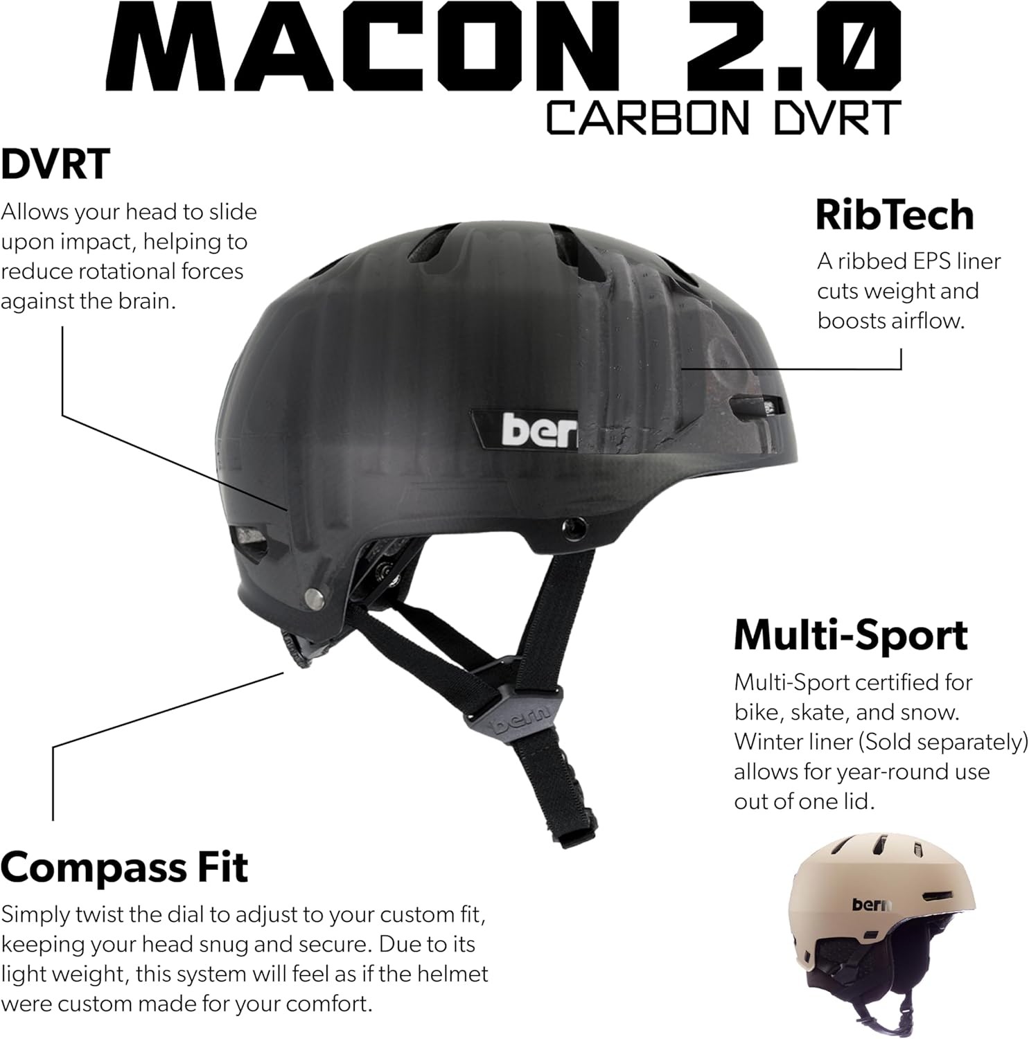 Bern Macon 2.0 Adult's Adjustable Cycling Helmet, Carbon Semi-Gloss Black, Small