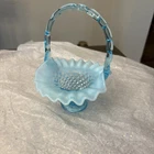Vintage Aqua Blue Fenton Hobnail Flower Basket Crimped Handle Bride RARE