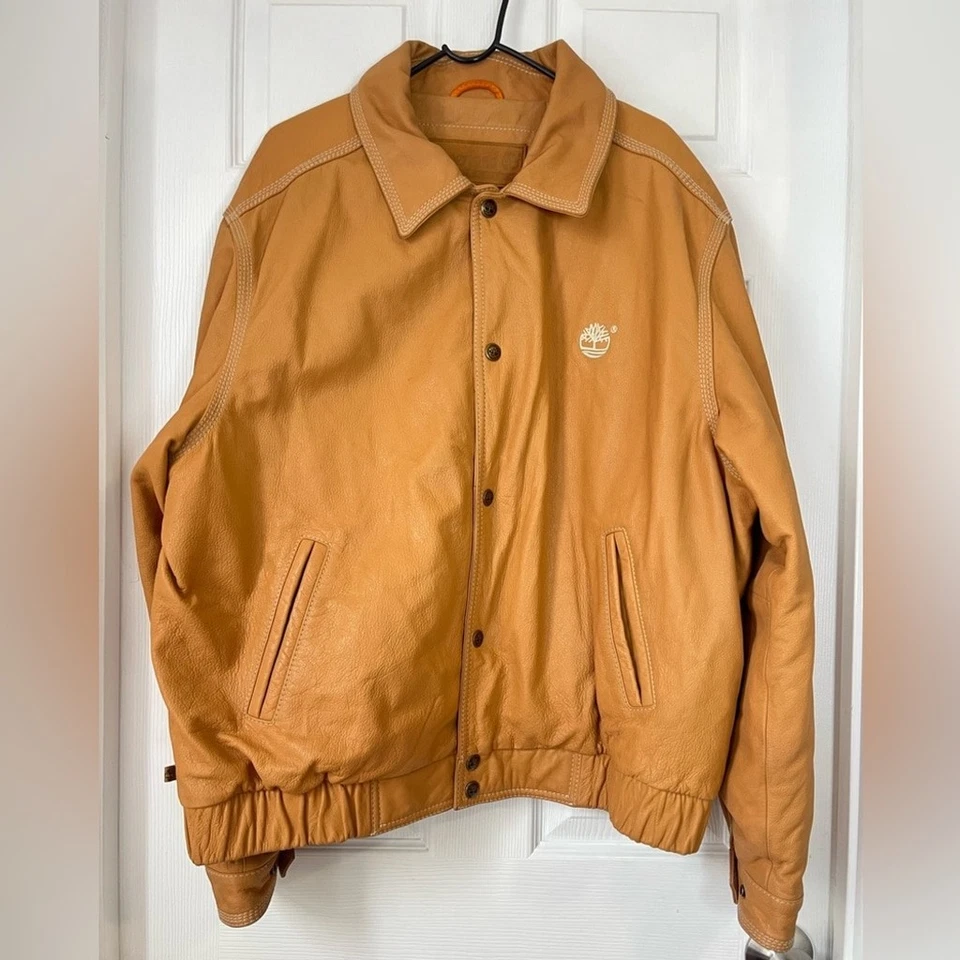 Timberland vintage Logo Tan cowhide Leather bomber Jackets size XXL - Image 2 of 4