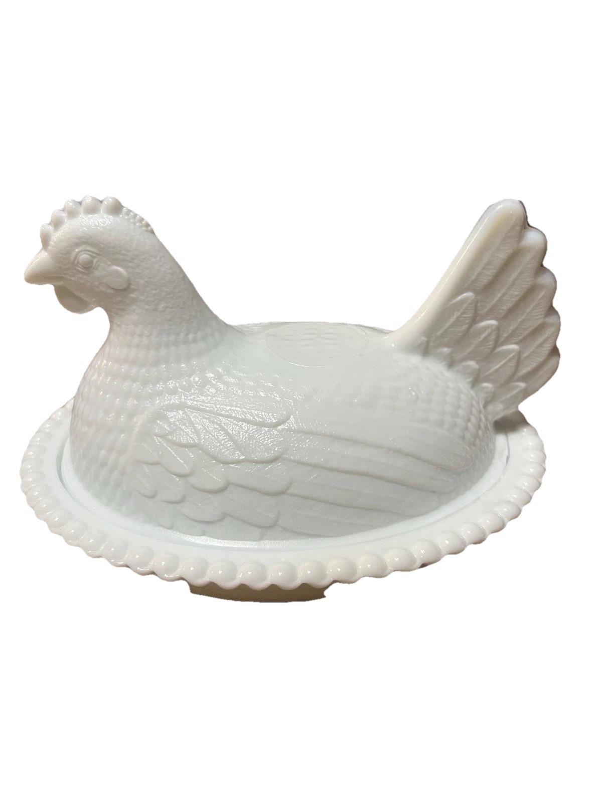 Vintage Indiana Milk Glass Hen on Nest 2pcs Beaded Edge Candy Dish