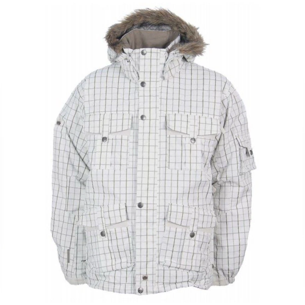PLANET EARTH Men's Snowboard Coat Large White Checkered Ski Jacket Faux Fur Hood image 1