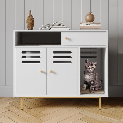 Cat Litter Enclosure, Litter Furniture with 2 Storage Compartments, Scratchin...