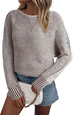 EVALESS Striped Sweaters for Women Boat Neck Batwing Sleeve Oversized Small