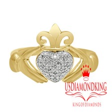 Ladies 10k Yellow Gold Claddagh Irish Hands Heart Crown Promise Diamond Ring New
