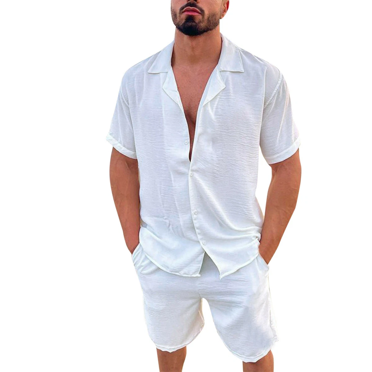 Men Summer 2 Pieces Short Sleeve Linen Shirts Shorts Pants Sets