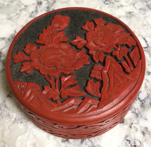 Vintage Zinnober chinesisch geschnitzt SM Blumenmuster Schmuck Box handgefertigt - Bild 2 von 6