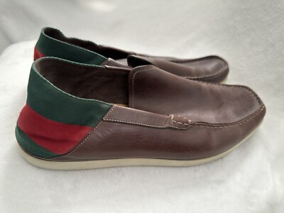 GUCCI BROWN LEATHER SLIP ON LOAFERS WITH GREEN + RED RIBBON  display picture 2