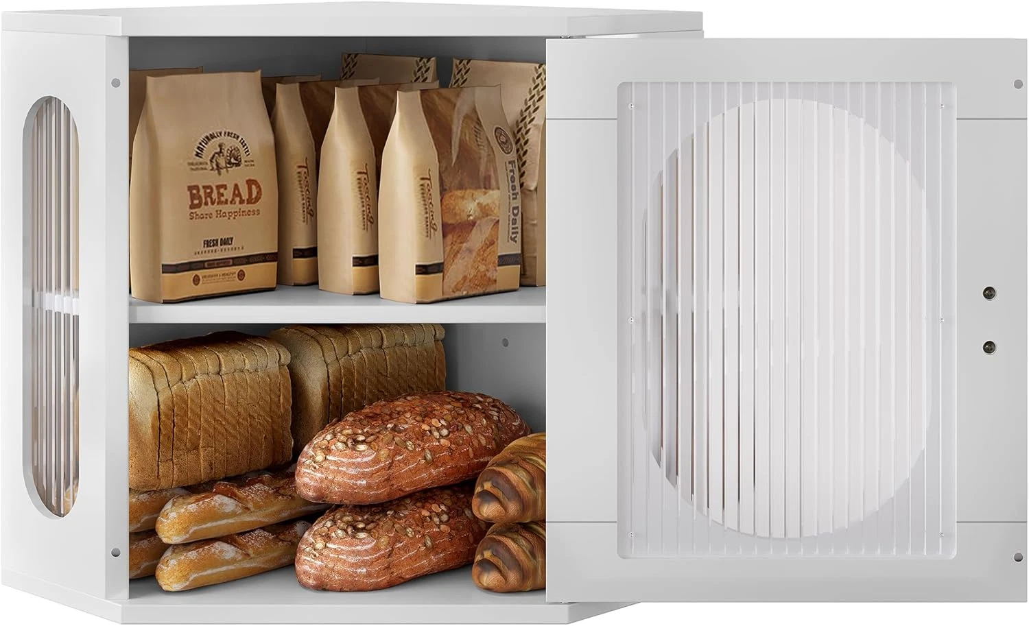 Large Wooden Bread Box with Acrylic Window for Kitchen Countertop, White