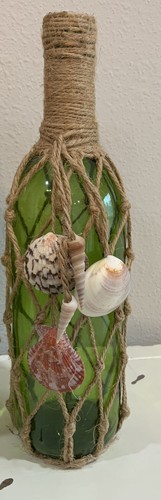 Handmade Nautical Knotted Jute Green Wine Bottle Decor Macrame W Shells Vase Lot - Picture 3 of 8