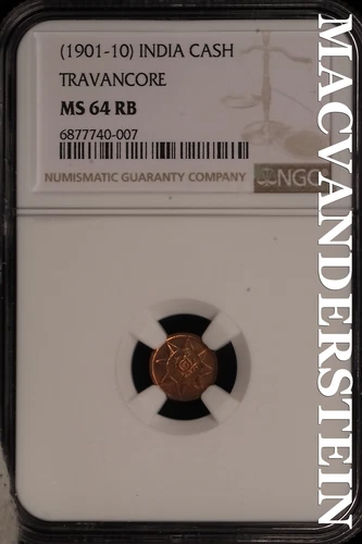 India: Travancore: (1901-10) Cash - NGC MS 64 RB - Scarce  Better Date  #SLB609
