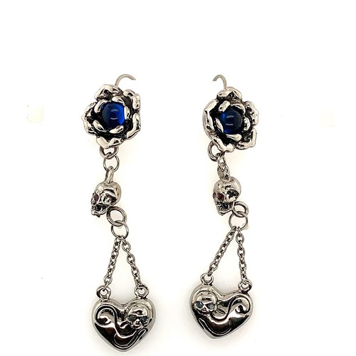Authentic Ed Hardy Blue Rose & Skull Stainless Steel Dangling Earrings - Picture 5 of 9