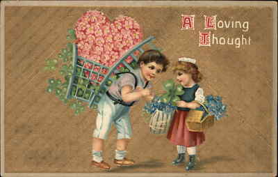 LOVING THOUGHT Boy w Giant Basket Flowers GILT c1910 Valentine? Postcard