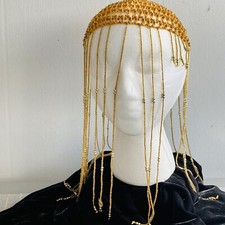 Vintage Handmade Headdress Gold Yellow Skull Cap Beaded