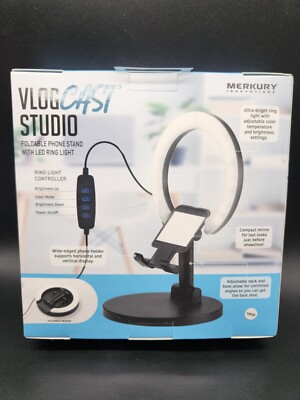 Merkury Vlog Cast Studio Kit Remote-Foldable Stand- And Led Ring Light New