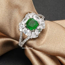 Classic Sterling Silver Square Birthstone Ring Women Jewelry Green Diamond Ring