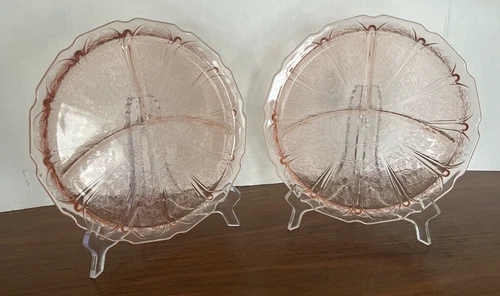 Set 2 Jeanette Pink Depression Glass Cherry Blossom 9 1/4" Divided Grill Plates