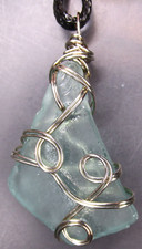 Jewelry Wire Wrapped Sea Beach Glass Blue Pendant Hand Made Gift