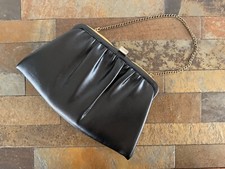 Vintage Black Leather Clutch Handbag Chain Handle Double Frame Purse