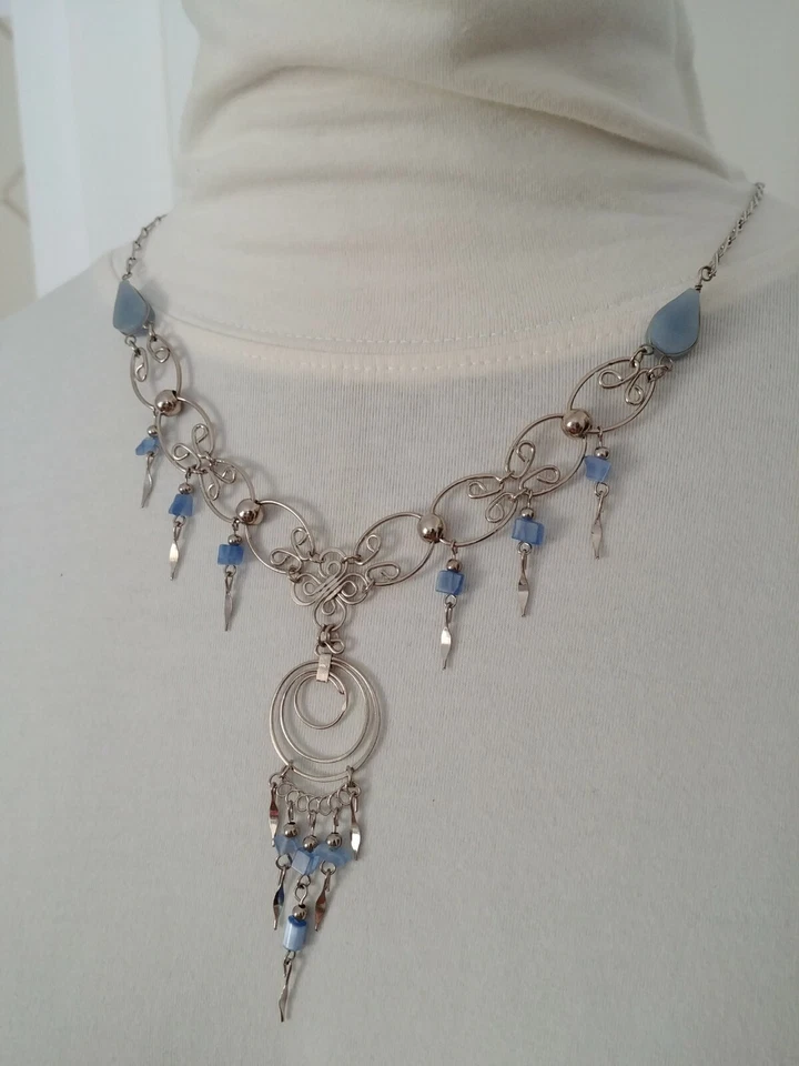 Genuino Larimar Piedra Curativa Natural Cuelga Acero Collar Gargantilla Gemas Colgante Foto 2 de 4