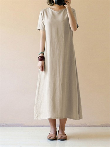 Lange Maxikleider Damenkleid Rundhals Baumwolle Leinen lose Freizeit kurzärmelig - Bild 10 von 11