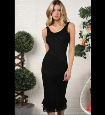 New Black Form Fitting Lace Textured Midi Dress With 3 Layers Of Bottom  Ruffles | eBay