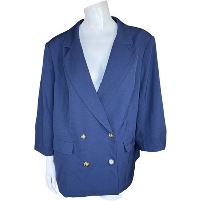 Studio Park X Amy Stran Ruched 3/4 Sleeve Blazer Navy 1X Career Button-Front