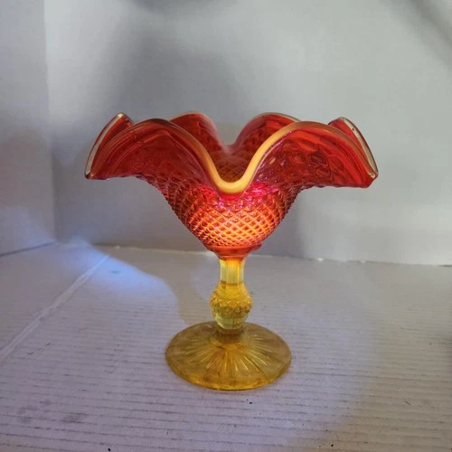 Vintage Jeanette Amberina Compote Candy Dish Diamond Point Base Glows EUC