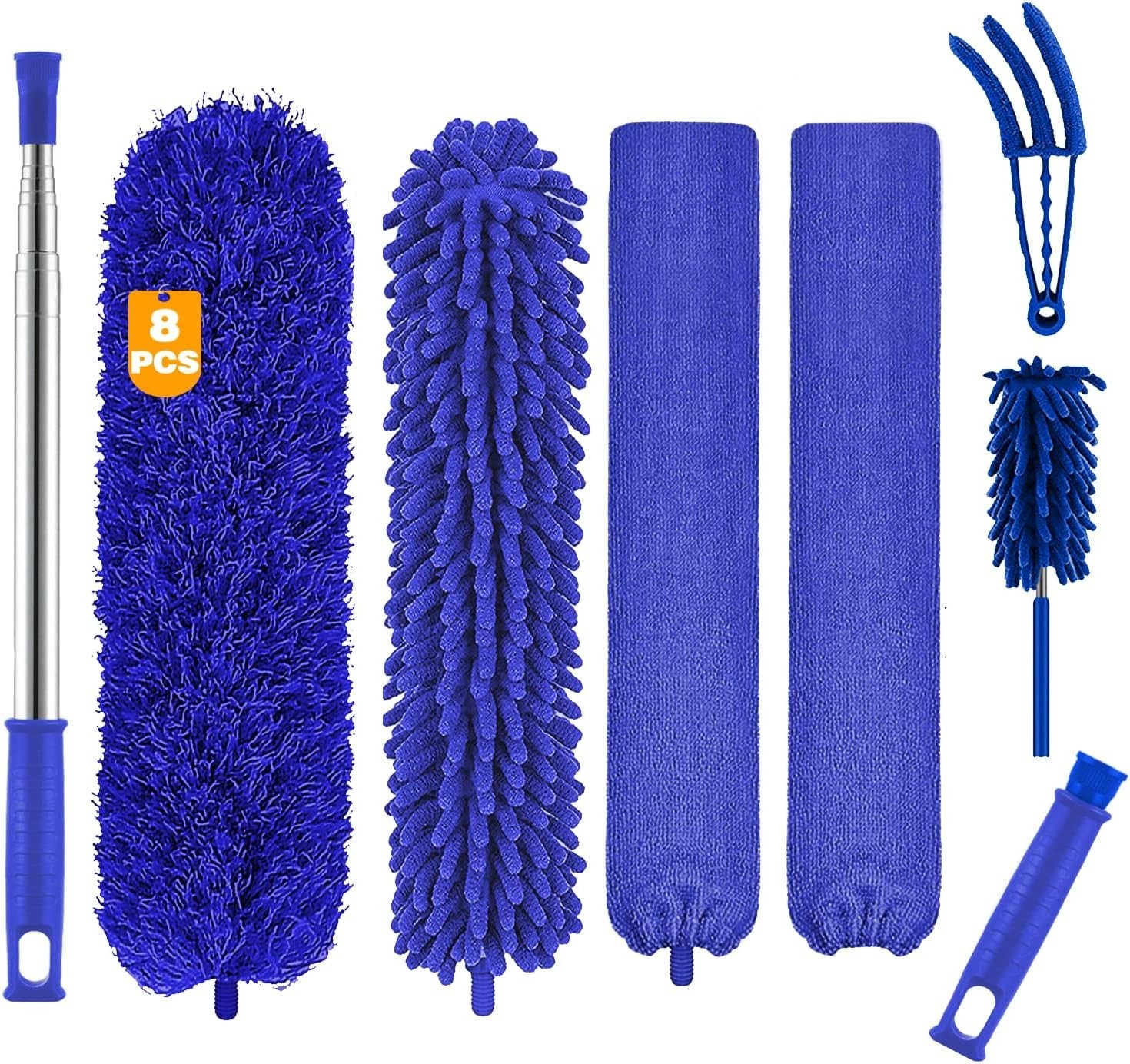 8PCS Microfiber Duster Set with 100 Inch Telescoping Pole - 