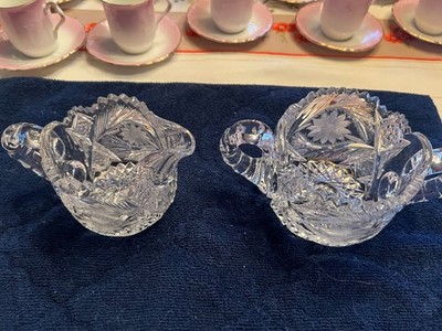Vintage Brilliant Cut Heavy Lead Crystal Glass Sugar Bowl and Creamer
