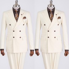 Striped Men Suits Offical Jacket Blazer Business Office Formal 2Pcs Beige Outfit